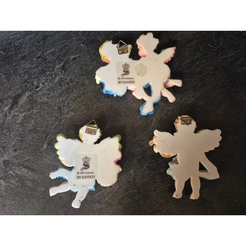 Sansco 1995 Cherub‎ Angel Wall Plaques Set of 3 Floral Lyre Heavenly Decor Art